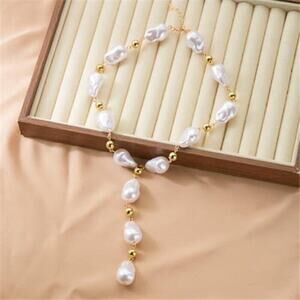 Gold Baroque Pearl Layered Necklace Set Irregular Beaded Y-Choker